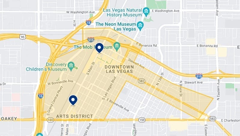 Karte mit den besten Hotels in Downtown Las Vegas