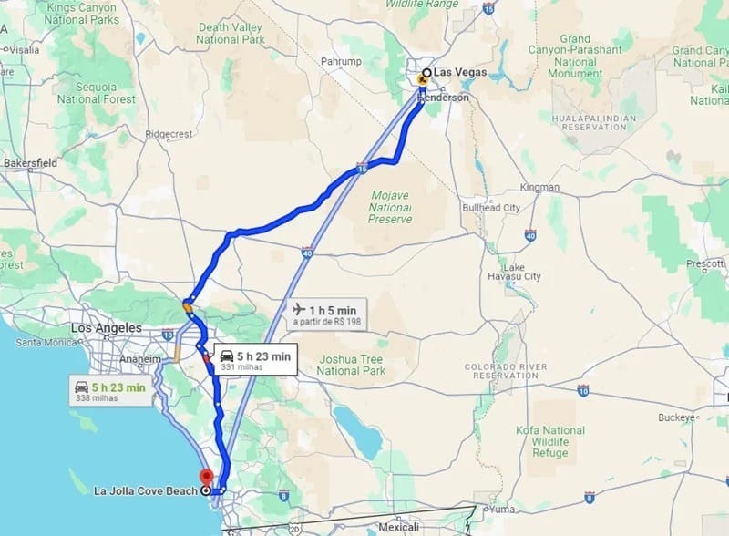 Mappa da Las Vegas a La Jolla Beach