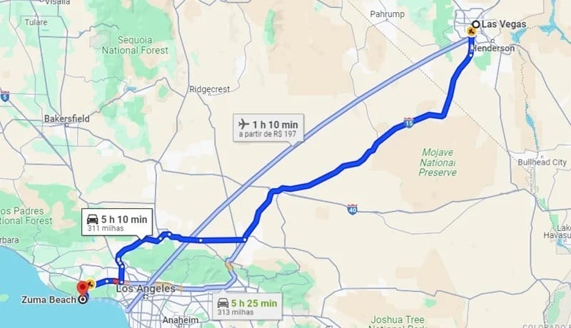 Map from Las Vegas to Zuma Beach