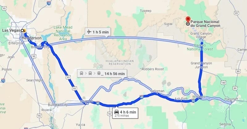 Mapa de Las Vegas para o Grand Canyon