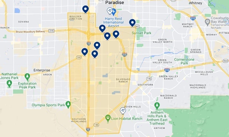 Carte des meilleurs hôtels de South Las Vegas Boulevard