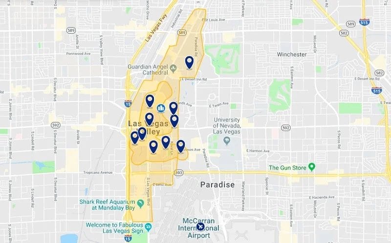 Mapa dos melhores hotéis na Strip de Las Vegas