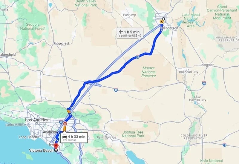 Map from Las Vegas to Victoria Beach 