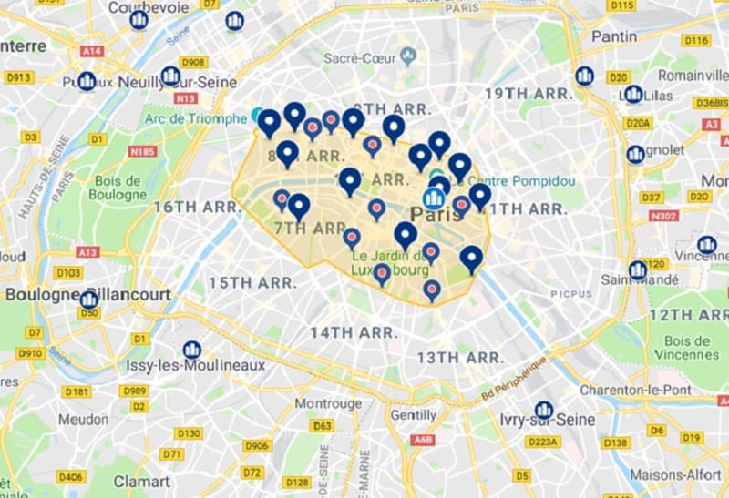 Map of the best hotels in Paris 