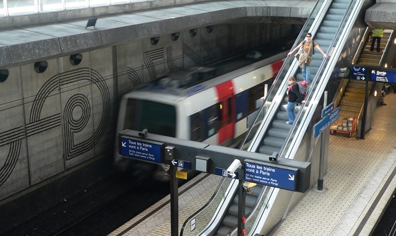 RER train on the platform at Charles de Gaulle airport 
