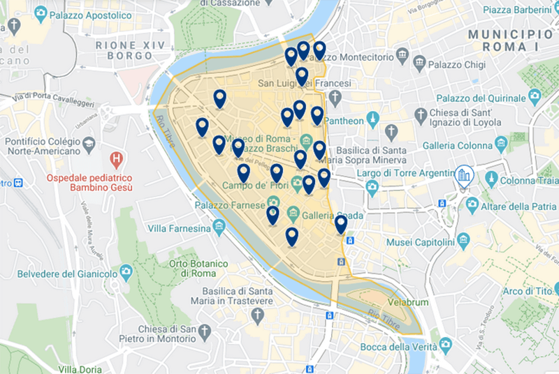 Map of the best hotels in Rome's historic center