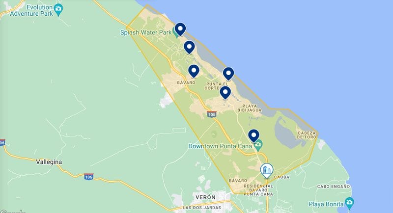 Mapa da região de Bávaro em Punta Cana