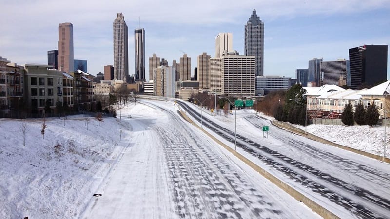 Snow blocking the road in winter in Atlanta