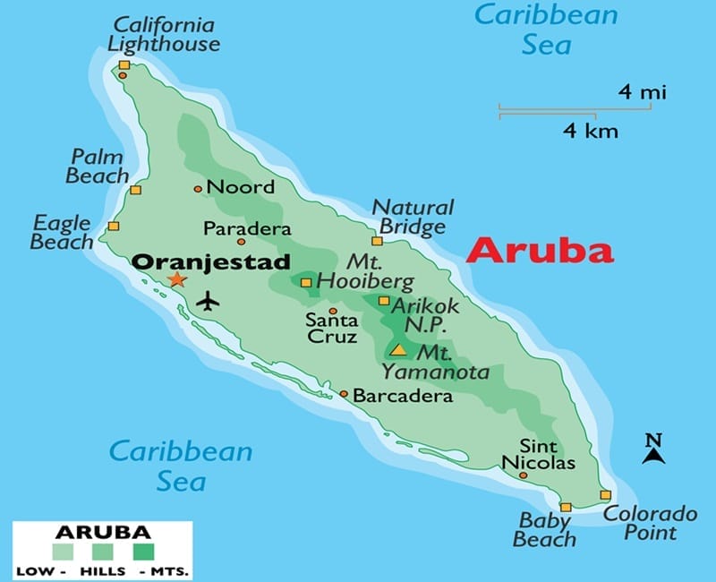 Mapa de las regiones de Aruba