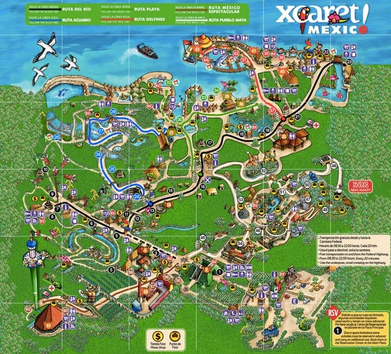 Mapa de atracciones del Parque Xcaret